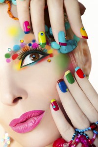Colorful French manicure and makeup.
