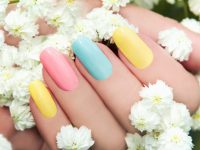 Pastel manicure on female hand with flower Hipsofilas